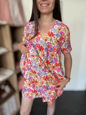 Robe short orange fleuri